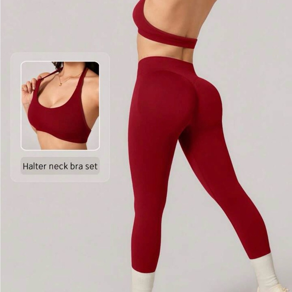 Women's Red Halter Neck Bra and Leggings Set- AMAZON